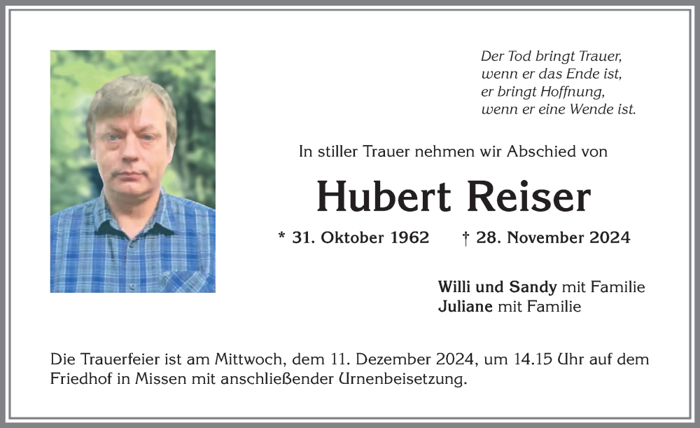 Traueranzeige von Hubert Reiser von Allgäuer Anzeigeblatt