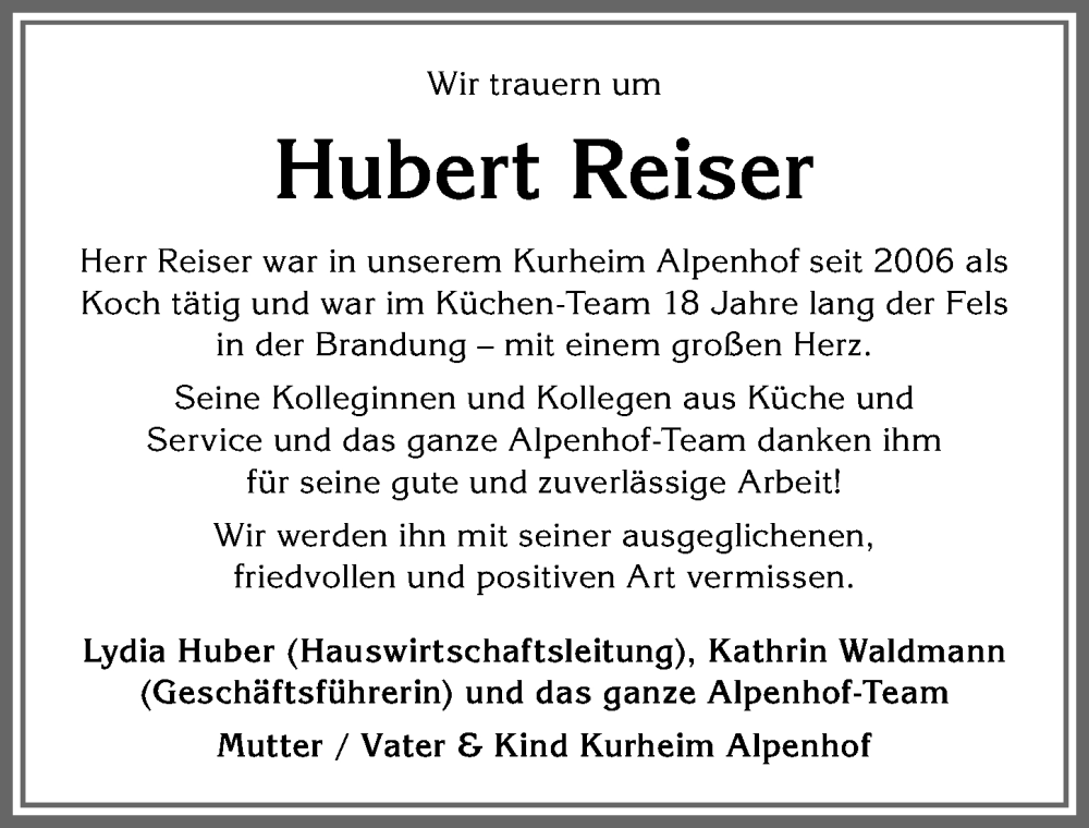 Traueranzeige von Hubert Reiser von Allgäuer Anzeigeblatt