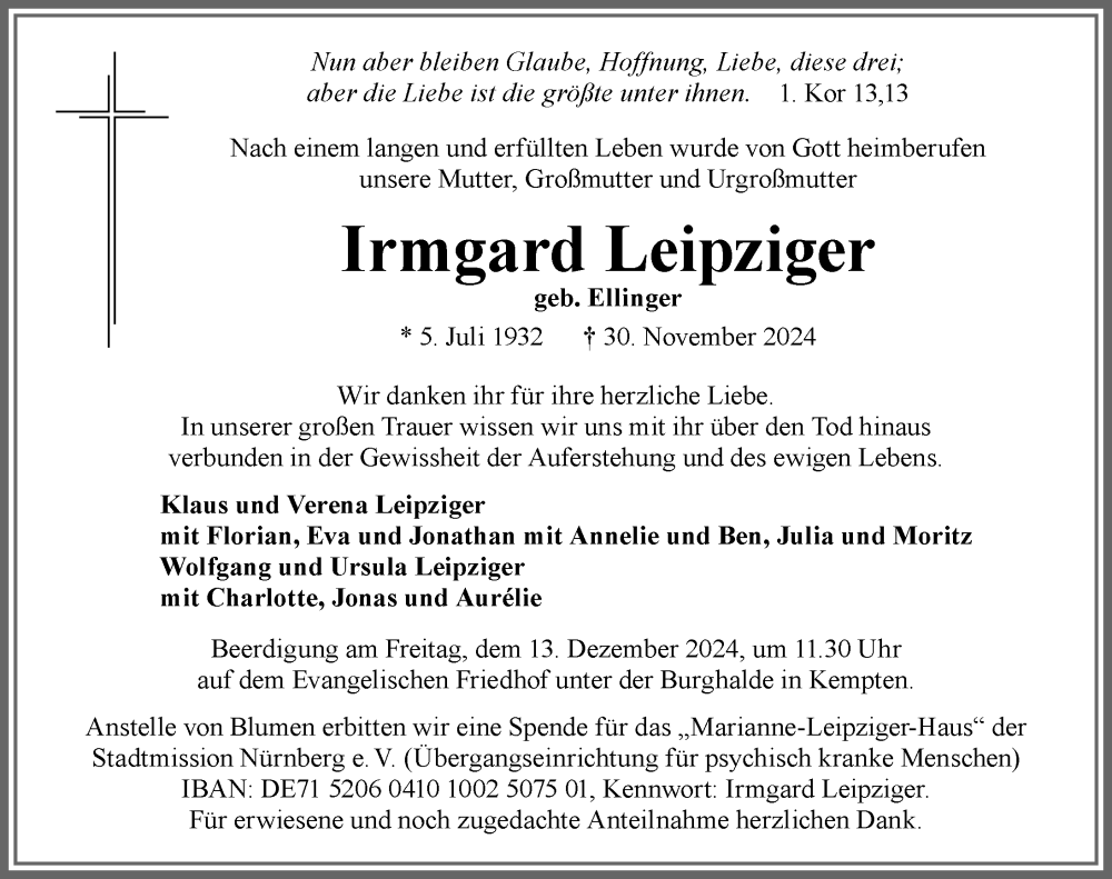 Traueranzeige von Irmgard Leipziger von Allgäuer Zeitung,Kempten