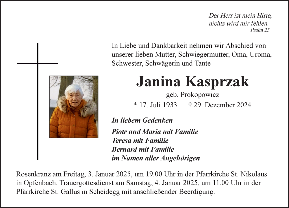 Traueranzeige von Janina Kasprzak von Der Westallgäuer