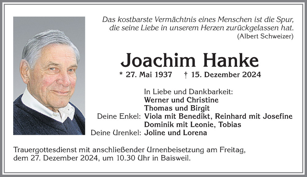 Traueranzeige von Joachim Hanke von Allgäuer Zeitung, Kaufbeuren/Buchloe