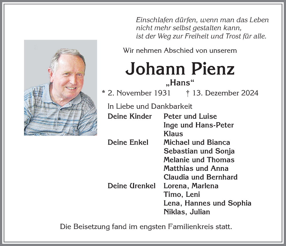 Traueranzeige von Johann Pienz von Allgäuer Zeitung,Kempten