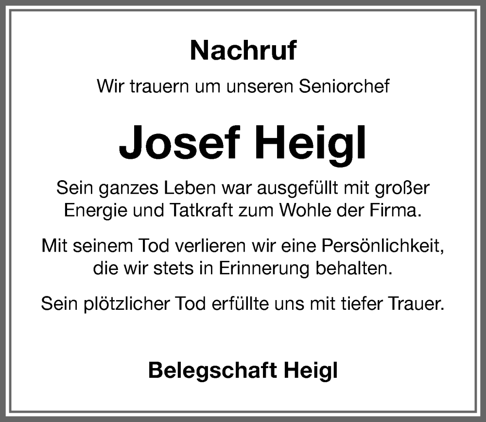 Traueranzeige von Josef Heigl von Memminger Zeitung