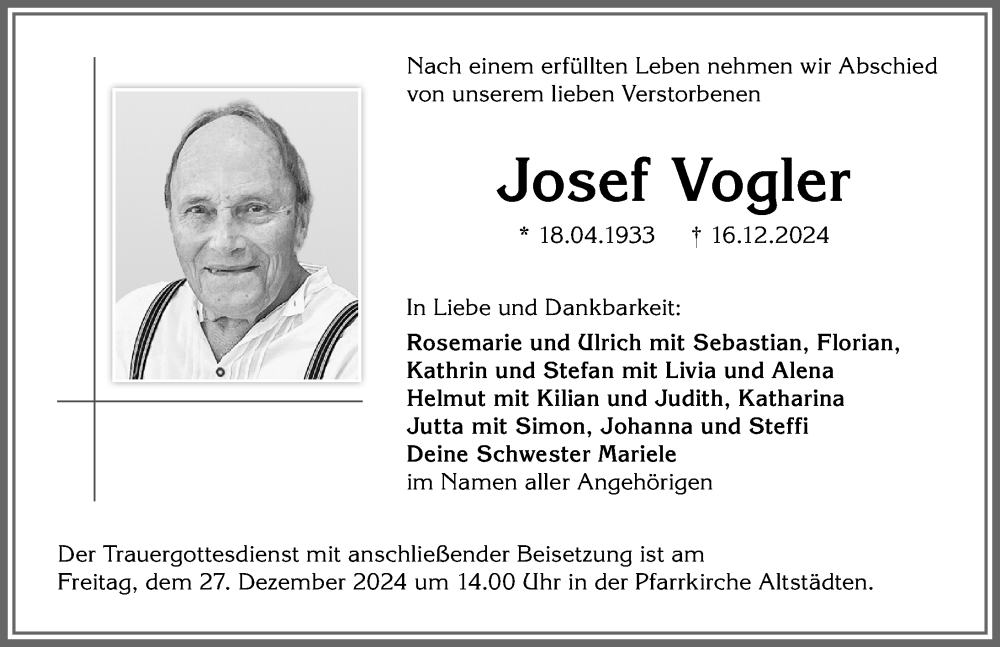 Traueranzeige von Josef Vogler von Allgäuer Anzeigeblatt