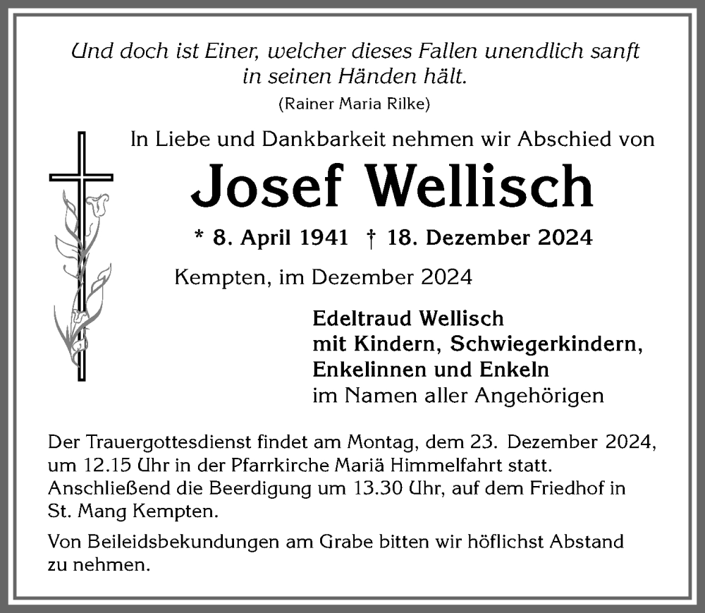 Traueranzeige von Josef Wellisch von Allgäuer Zeitung,Kempten