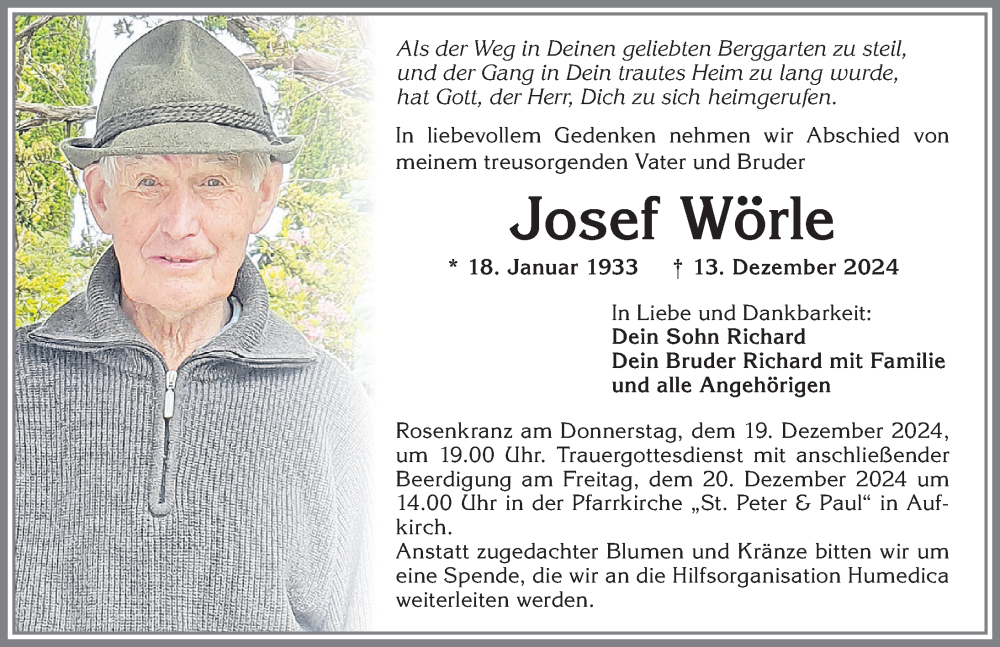 Traueranzeige von Josef Wörle von Allgäuer Zeitung, Kaufbeuren/Buchloe