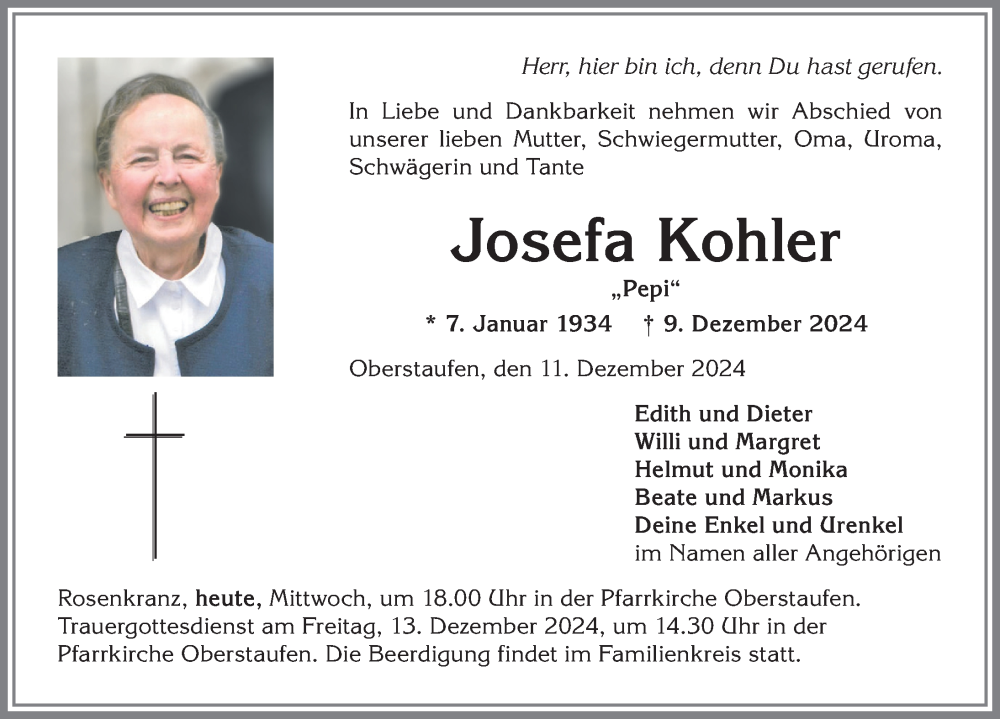 Traueranzeige von Josefa Kohler von Allgäuer Anzeigeblatt