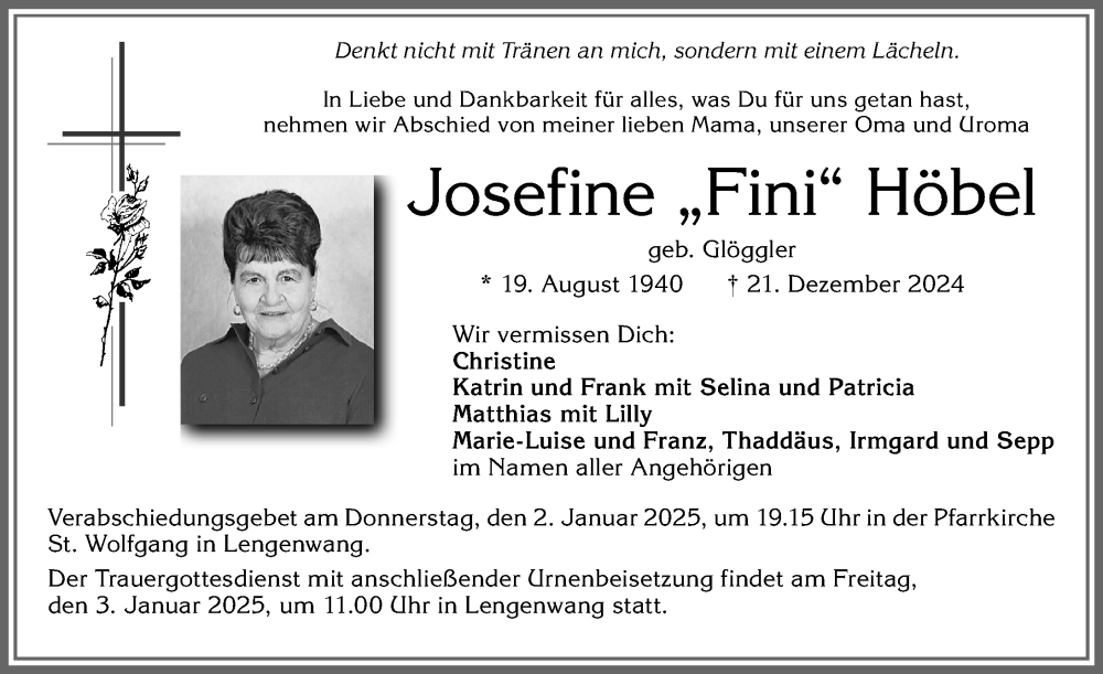 Traueranzeige von Josefine Höbel von Allgäuer Zeitung, Marktoberdorf