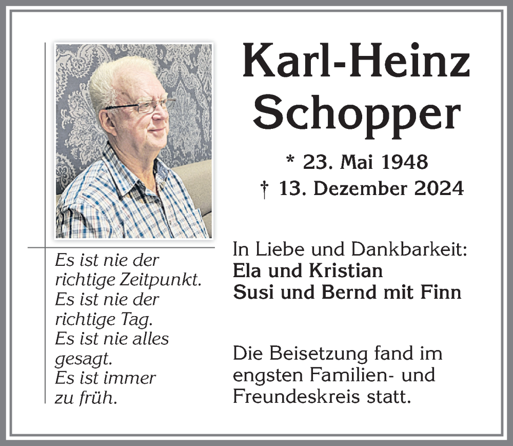 Traueranzeige von Karl-Heinz Schopper von Allgäuer Zeitung, Füssen