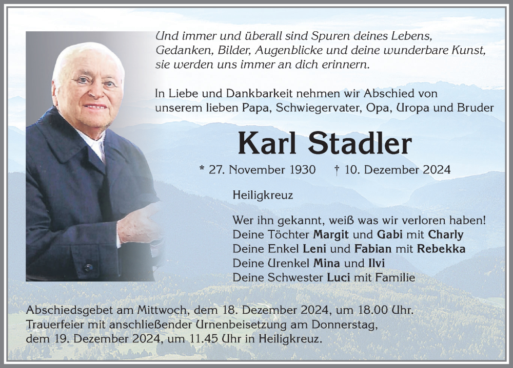 Traueranzeige von Karl Stadler von Allgäuer Zeitung,Kempten