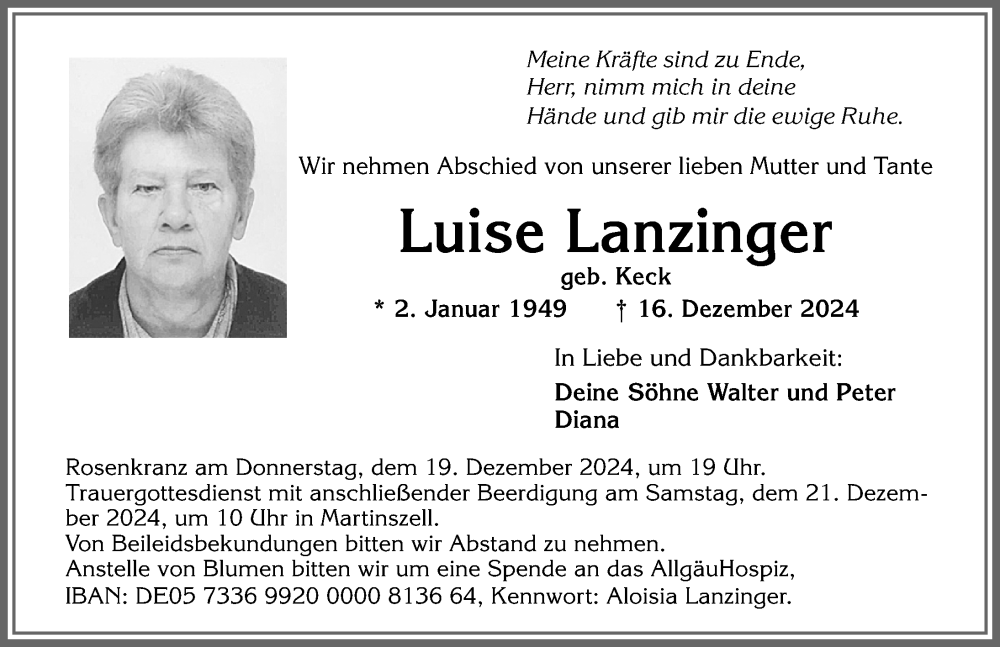 Traueranzeige von Luise Lanzinger von Allgäuer Zeitung,Kempten