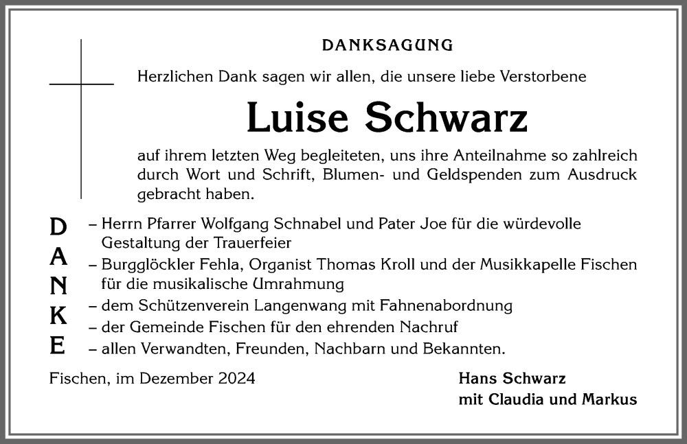 Traueranzeige von Luise Schwarz von Allgäuer Anzeigeblatt