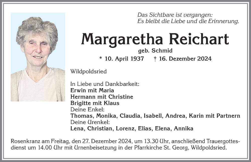 Traueranzeige von Margaretha Reichart von Allgäuer Zeitung,Kempten