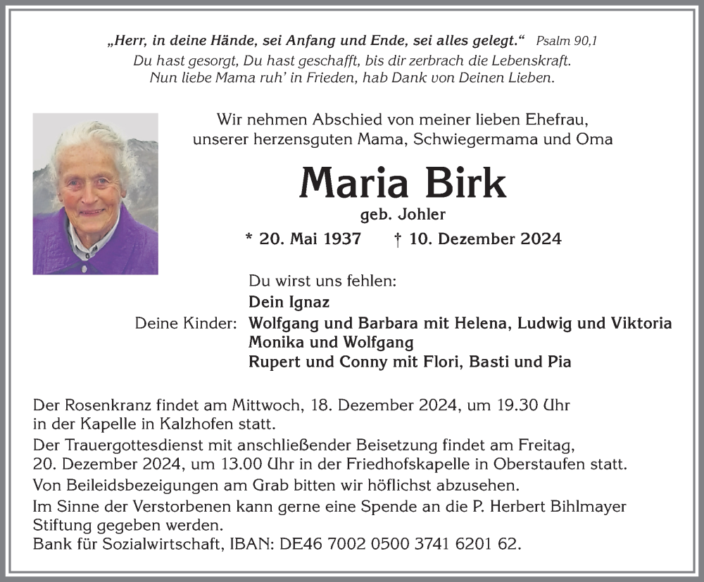 Traueranzeige von Maria Birk von Allgäuer Anzeigeblatt