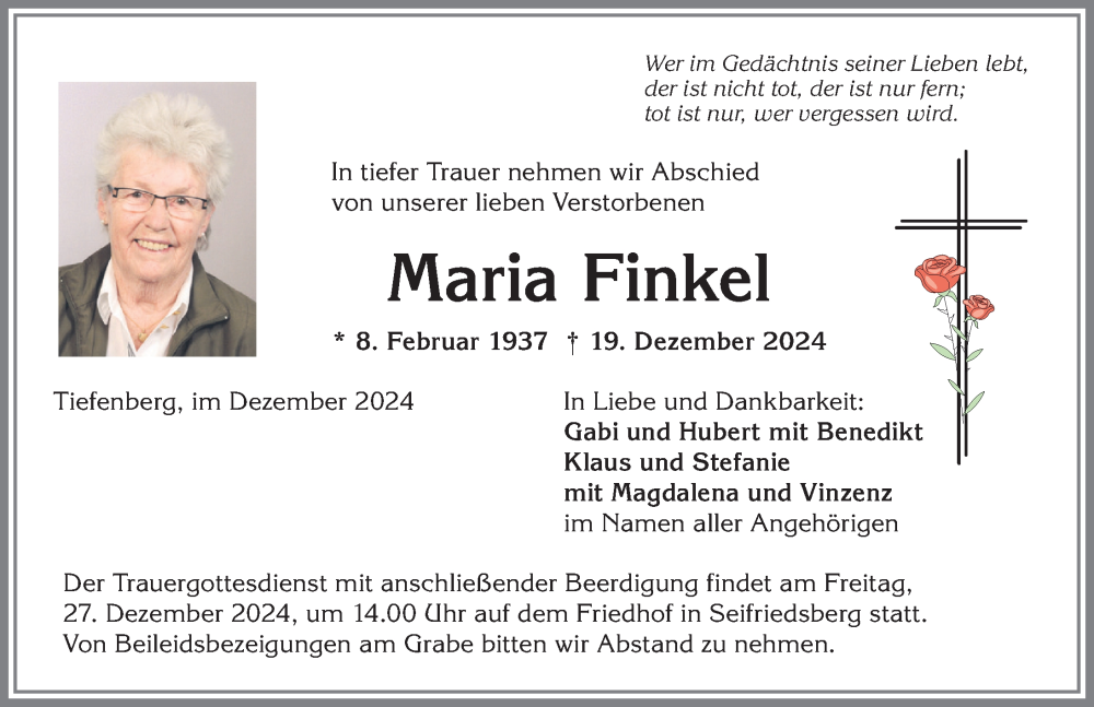 Traueranzeige von Maria Finkel von Allgäuer Anzeigeblatt