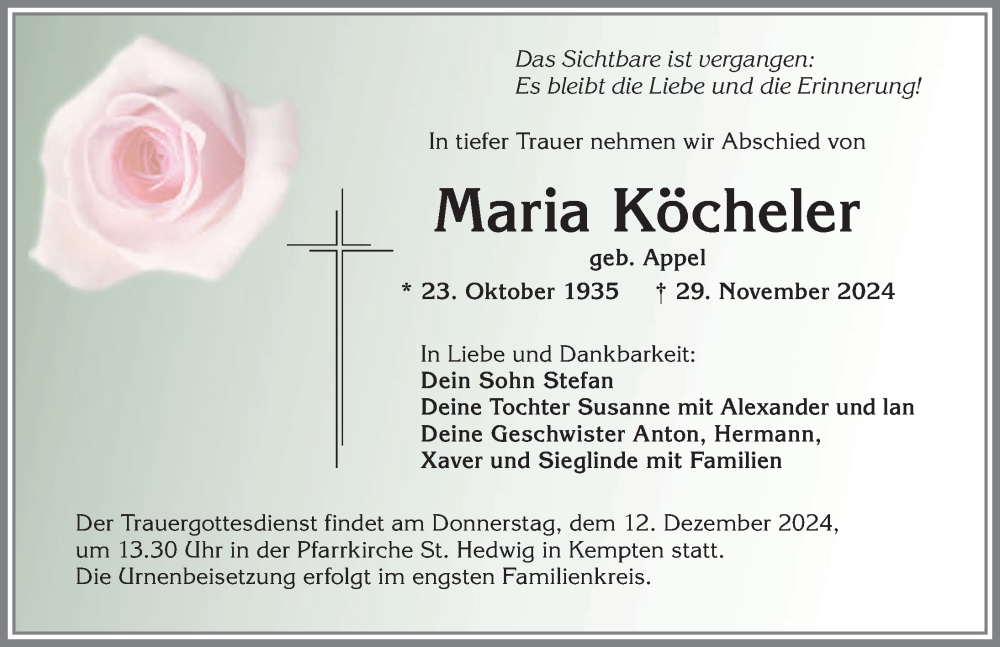 Traueranzeige von Maria Köcheler von Allgäuer Zeitung,Kempten