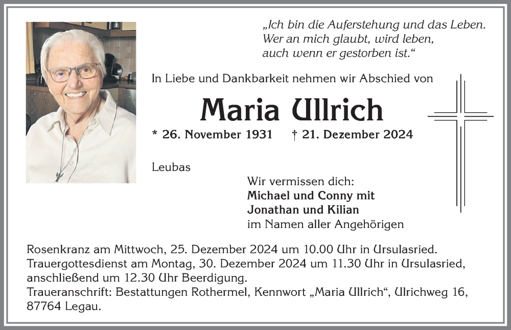 Traueranzeige von Maria Ullrich von Allgäuer Zeitung,Kempten