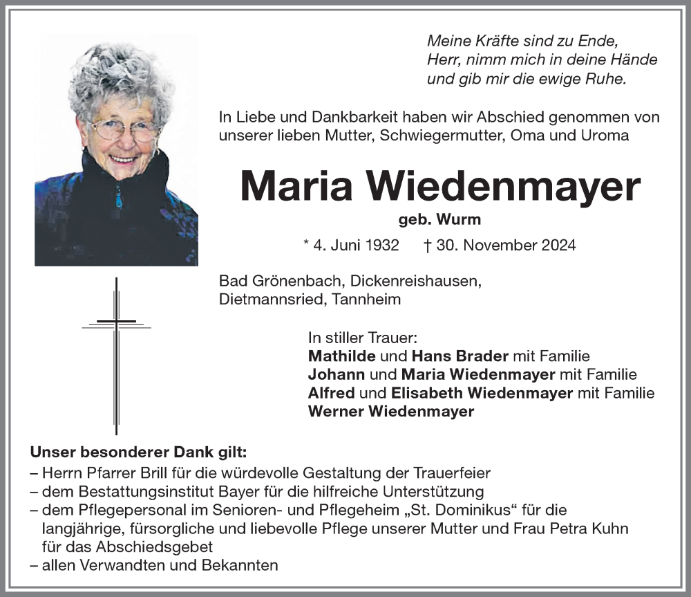 Traueranzeige von Maria Wiedenmayer von Memminger Zeitung