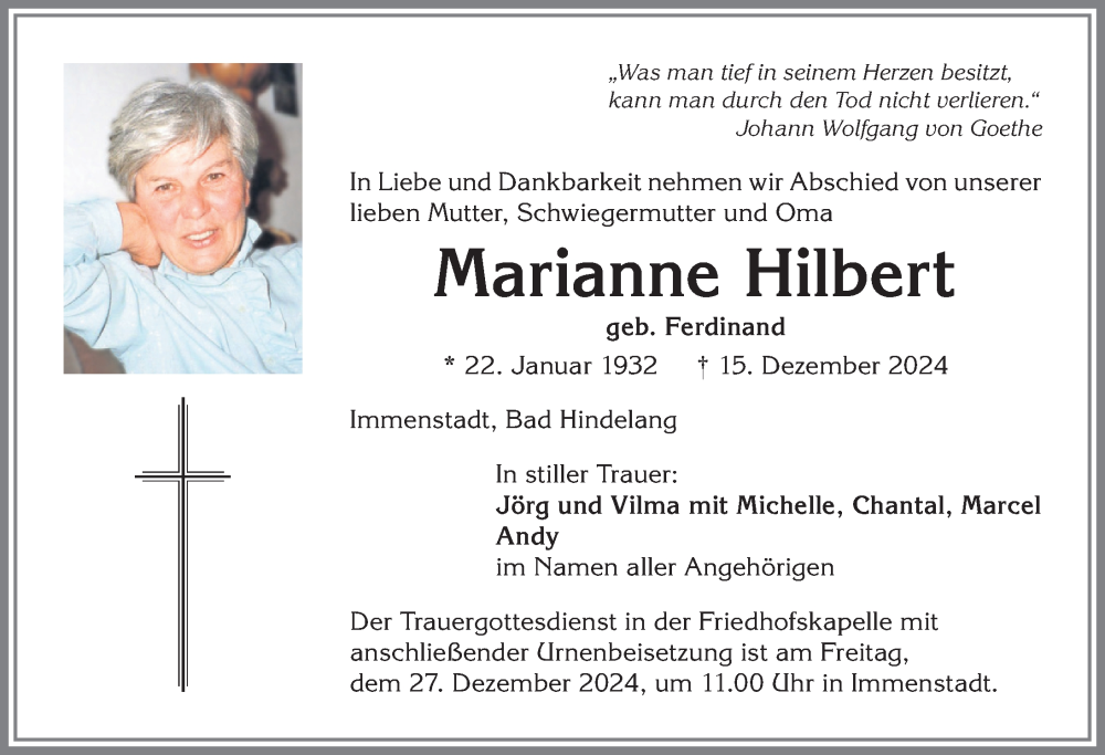 Traueranzeige von Marianne Hilbert von Allgäuer Anzeigeblatt