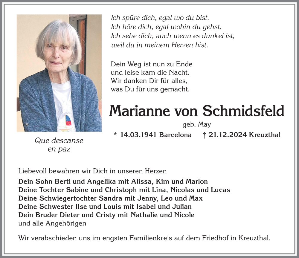 Traueranzeige von Marianne von Schmidsfeld von Allgäuer Zeitung,Kempten