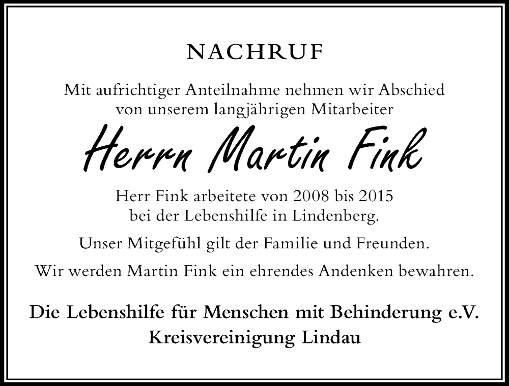 Traueranzeige von Martin Fink von Der Westallgäuer