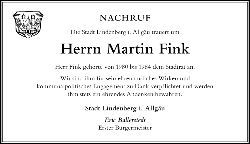 Traueranzeige von Martin Fink von Der Westallgäuer