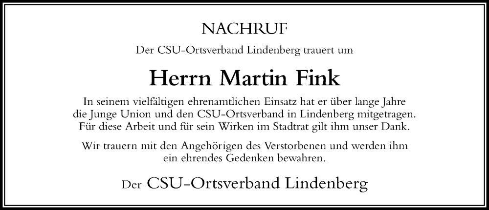 Traueranzeige von Martin Fink von Der Westallgäuer