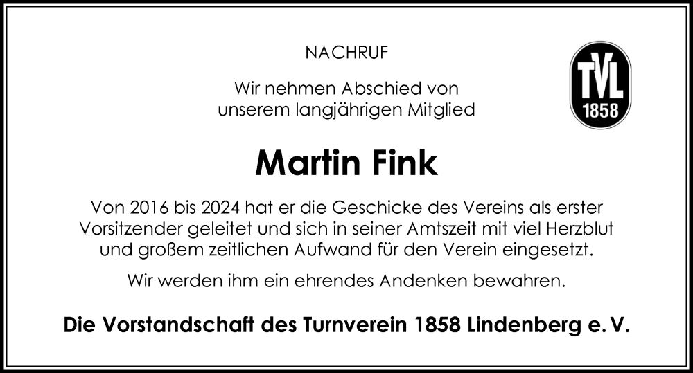 Traueranzeige von Martin Fink von Der Westallgäuer