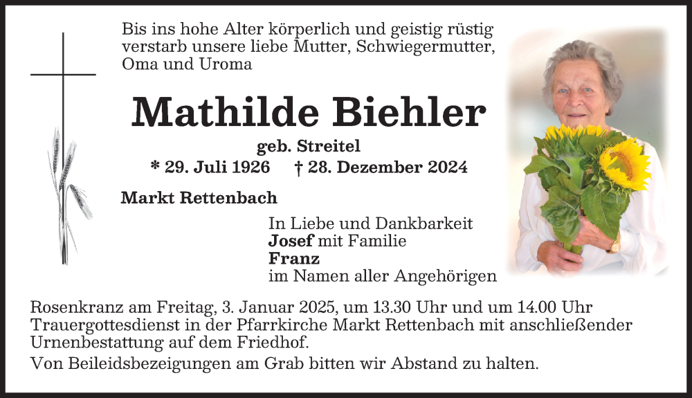 Traueranzeige von Mathilde Biehler von Memminger Zeitung