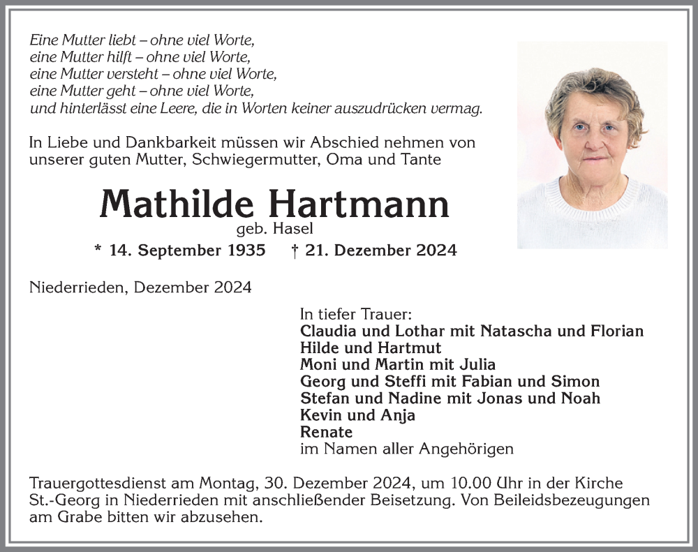 Traueranzeige von Mathilde Hartmann von Memminger Zeitung