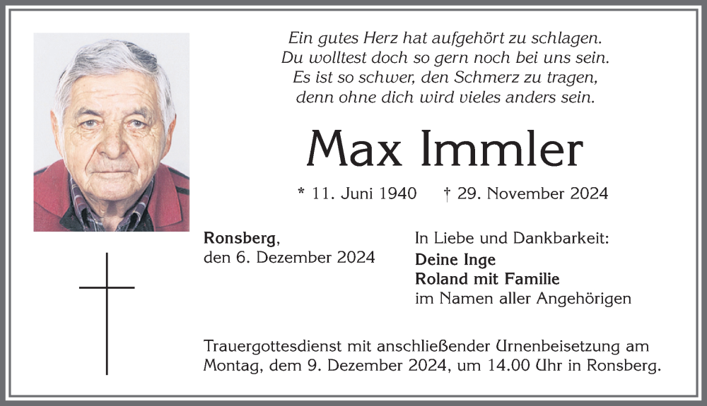 Traueranzeige von Max Immler von Allgäuer Zeitung, Marktoberdorf