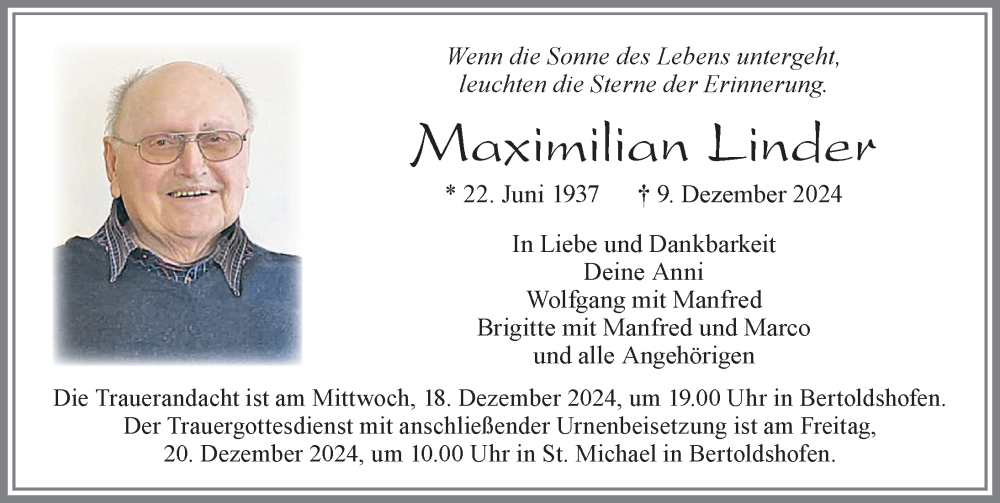 Traueranzeige von Maximilian Linder von Allgäuer Zeitung, Marktoberdorf