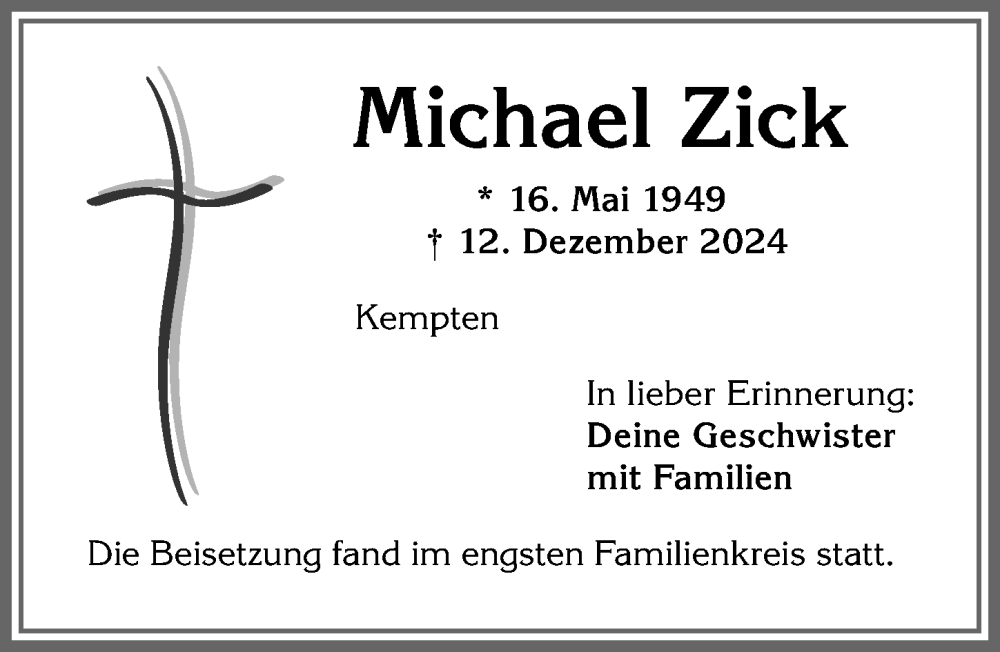 Traueranzeige von Michael Zick von Allgäuer Anzeigeblatt