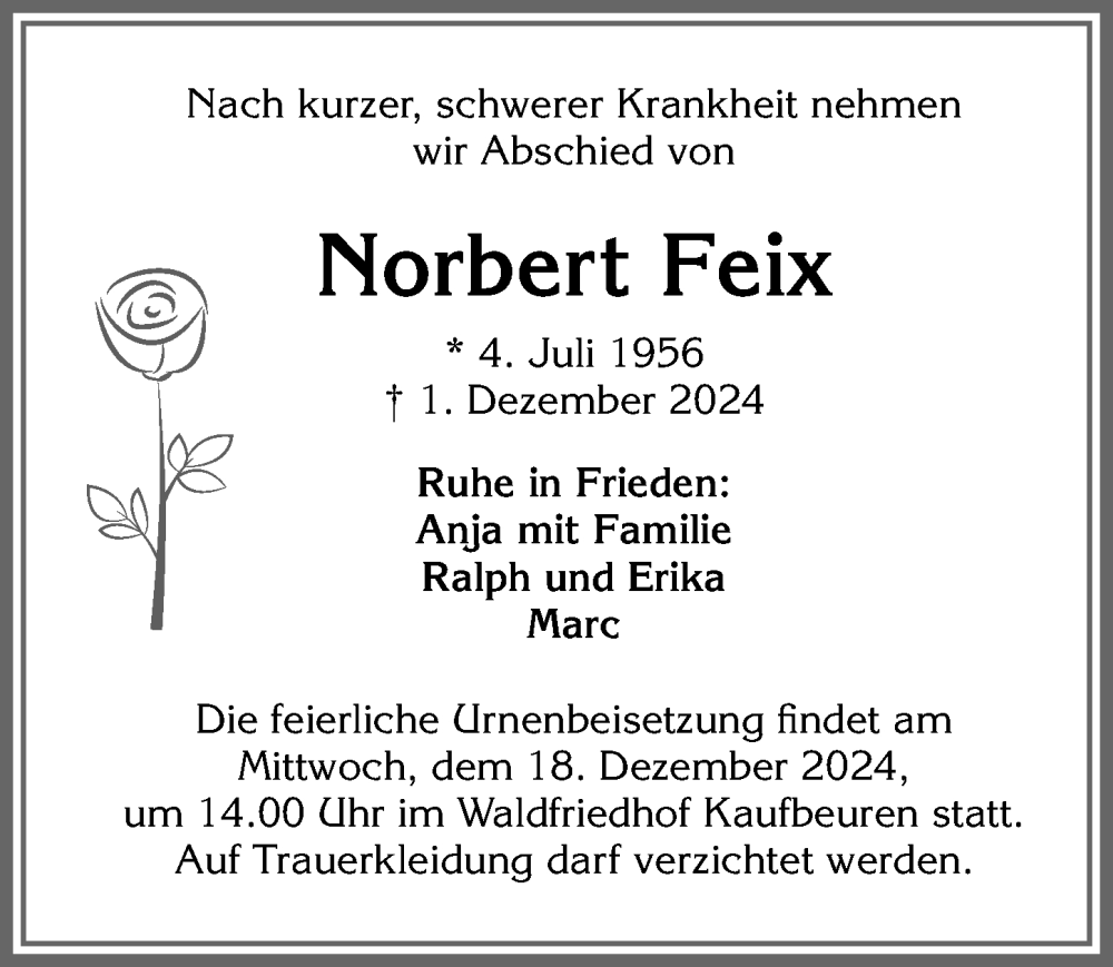 Traueranzeige von Norbert Feix von Allgäuer Zeitung, Kaufbeuren/Buchloe