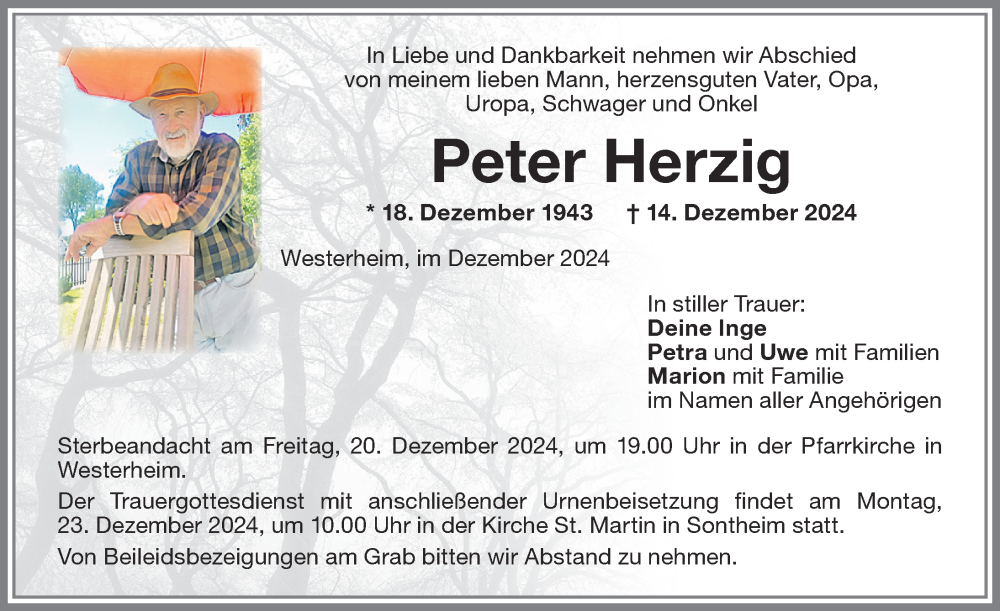 Traueranzeige von Peter Herzig von Memminger Zeitung