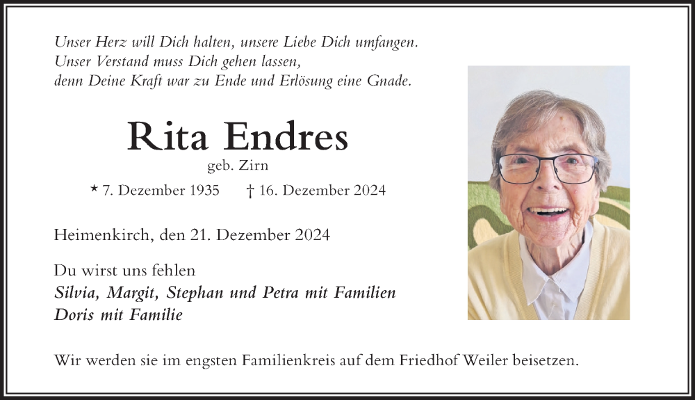 Traueranzeige von Rita Endres von Der Westallgäuer