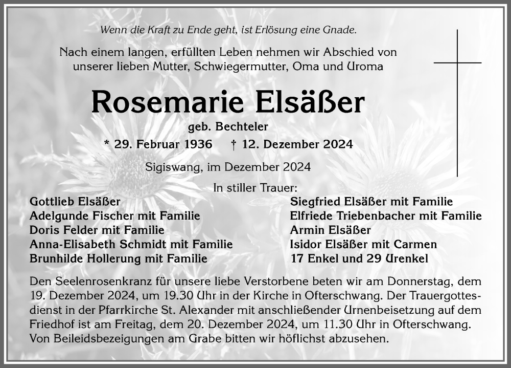 Traueranzeige von Rosemarie Elsäßer von Allgäuer Anzeigeblatt