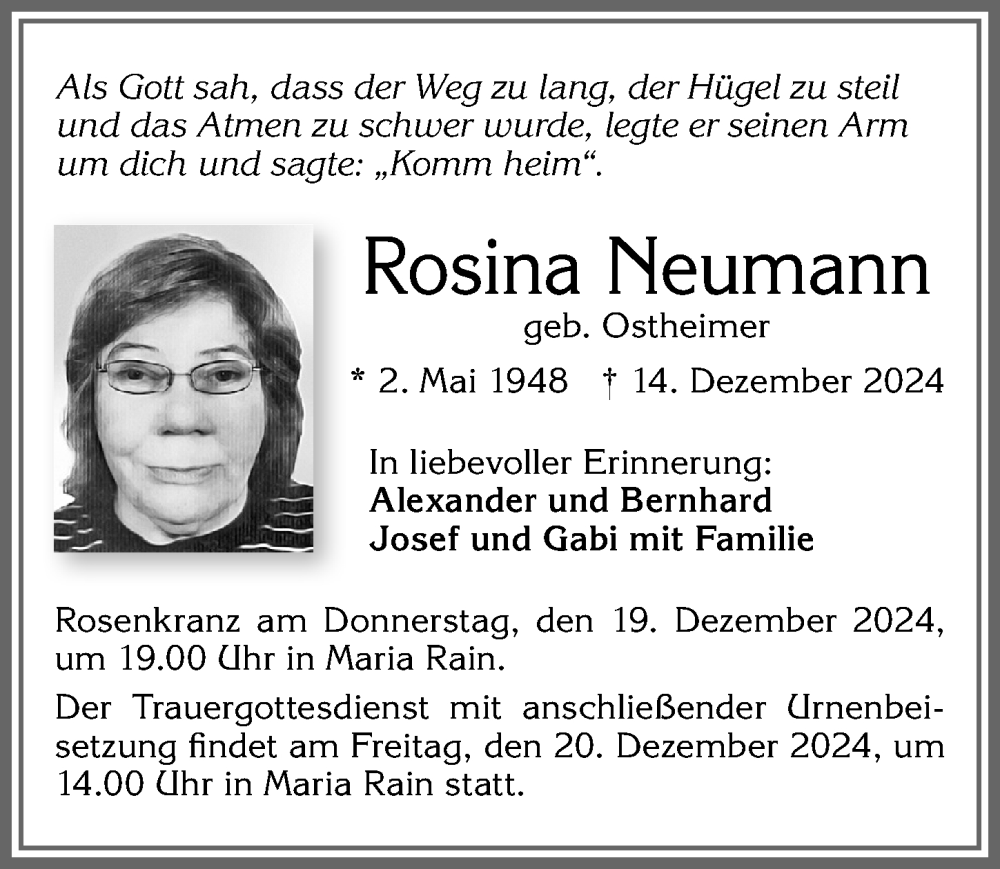 Traueranzeige von Rosina Neumann von Allgäuer Zeitung,Kempten