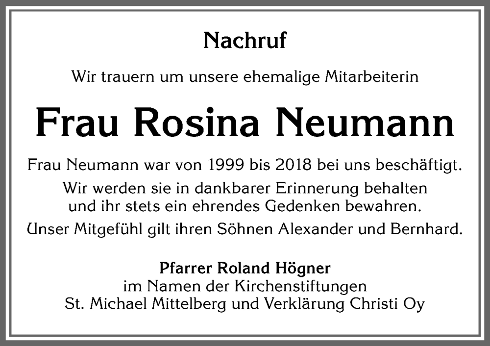 Traueranzeige von Rosina Neumann von Allgäuer Zeitung,Kempten