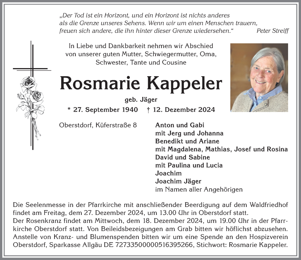 Traueranzeige von Rosmarie Kappeler von Allgäuer Anzeigeblatt