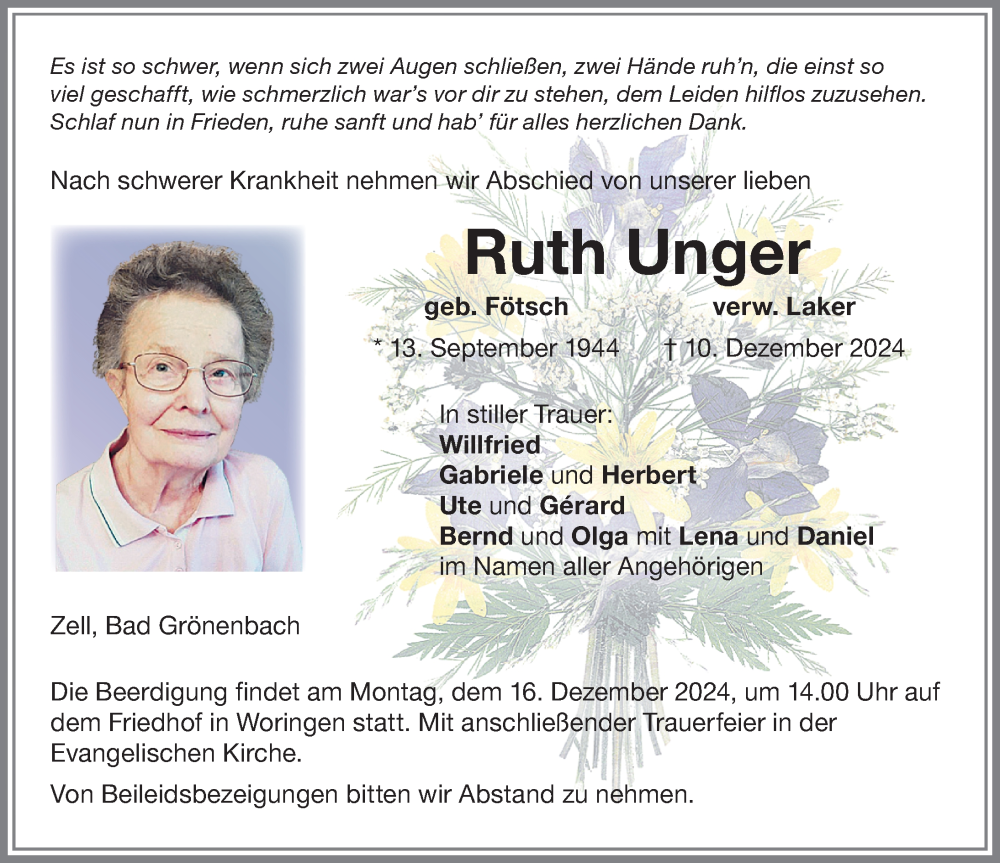 Traueranzeige von Ruth Unger von Memminger Zeitung