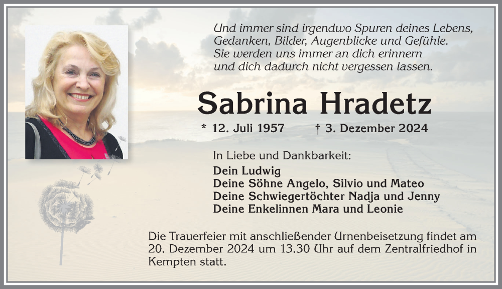 Traueranzeige von Sabrina Hradetz von Allgäuer Zeitung,Kempten