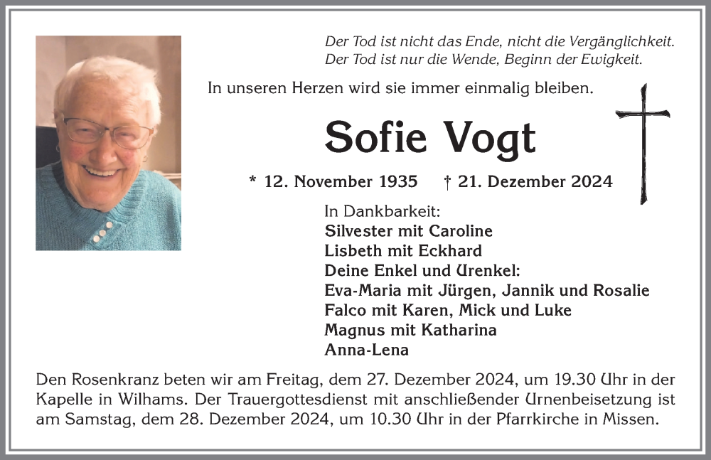 Traueranzeige von Sofie Vogt von Allgäuer Anzeigeblatt