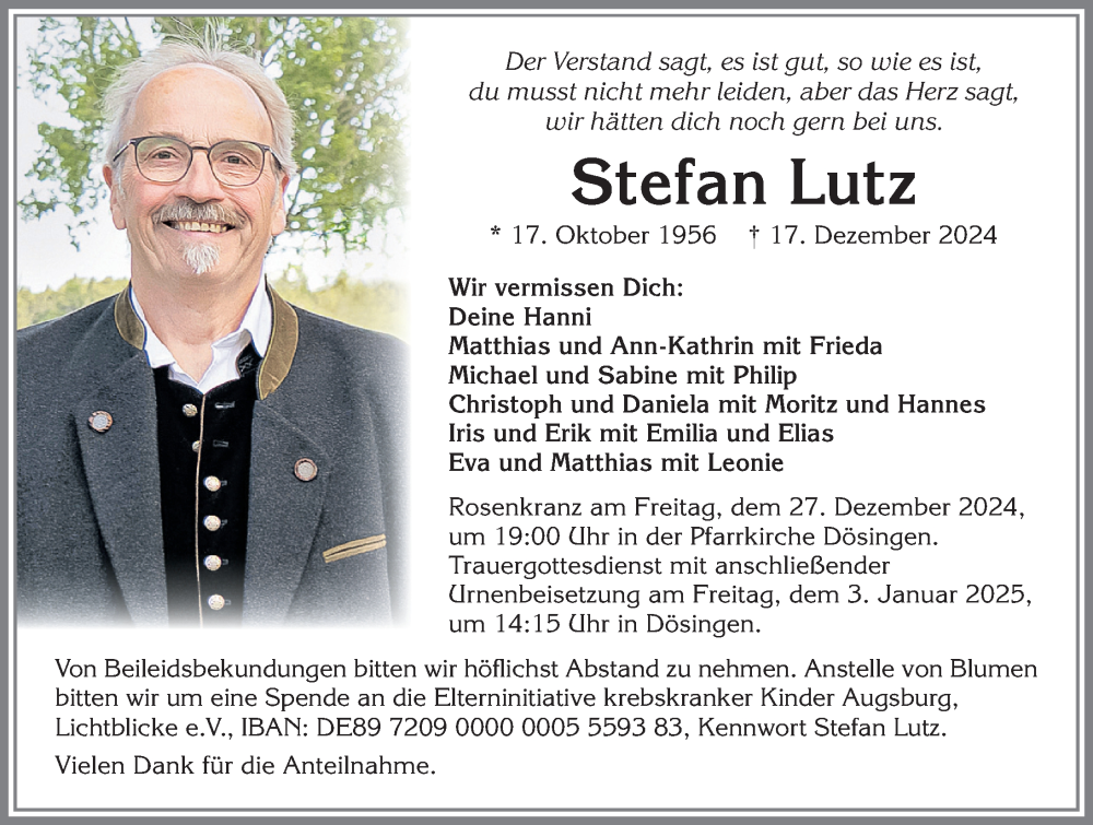 Traueranzeige von Stefan Lutz von Allgäuer Zeitung, Kaufbeuren/Buchloe