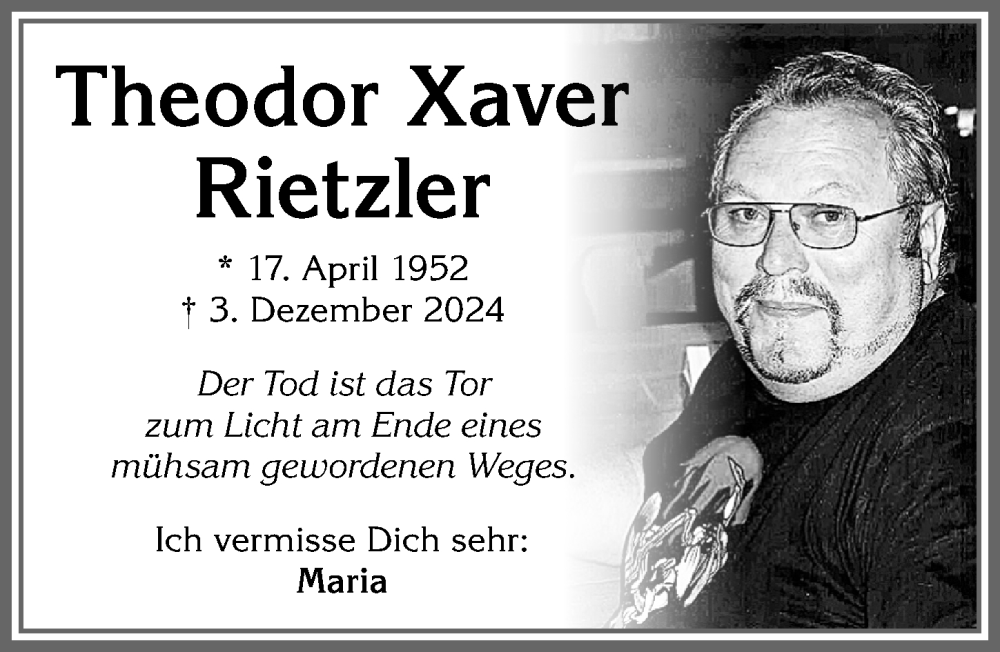 Traueranzeige von Theodor Xaver Rietzler von Allgäuer Zeitung,Kempten