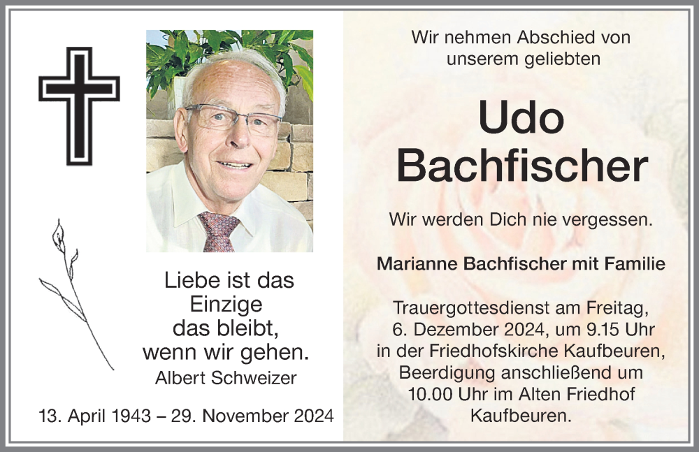 Traueranzeige von Udo Bachfischer von Allgäuer Zeitung, Kaufbeuren/Buchloe