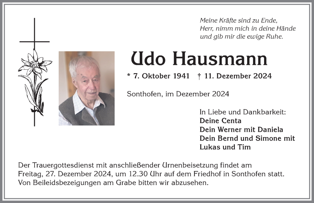 Traueranzeige von Udo Hausmann von Allgäuer Anzeigeblatt