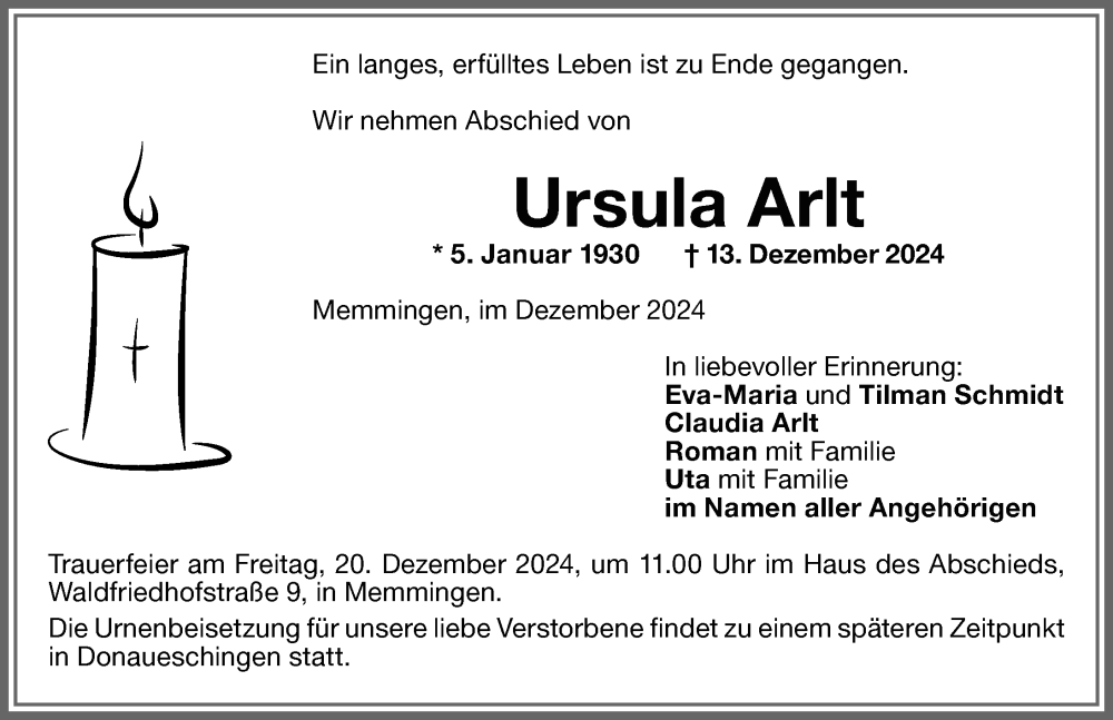 Traueranzeige von Ursula Arlt von Memminger Zeitung