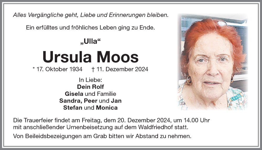 Traueranzeige von Ursula Moos von Memminger Zeitung