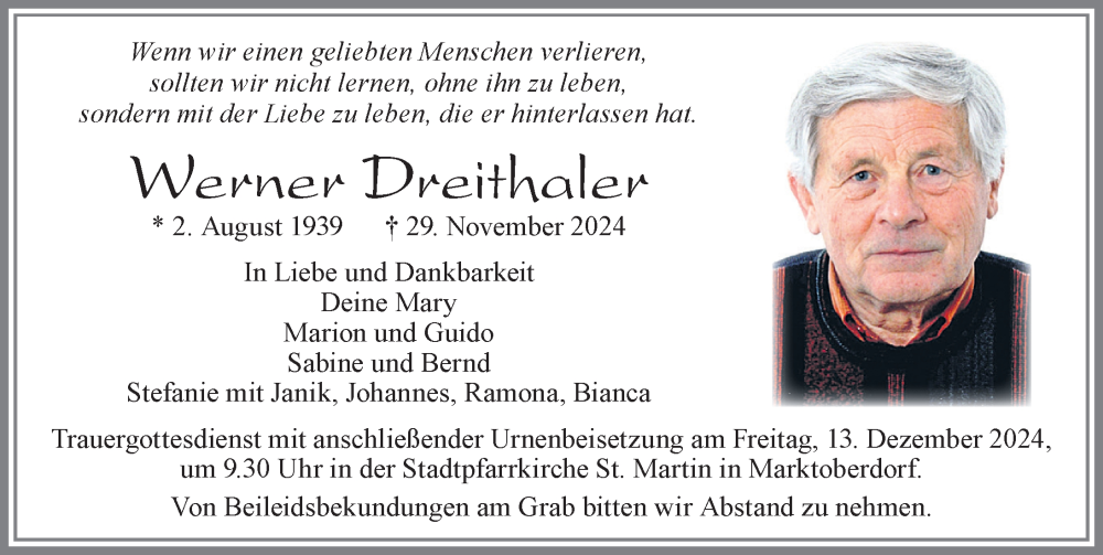 Traueranzeige von Werner Dreithaler von Allgäuer Zeitung, Marktoberdorf